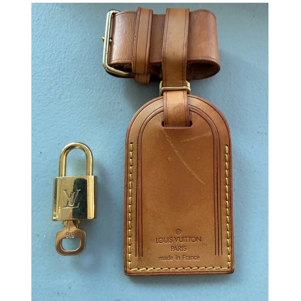 Louis Vuitton Vachetta Leather Luggage Tag Brass Lock & Key Set #319
